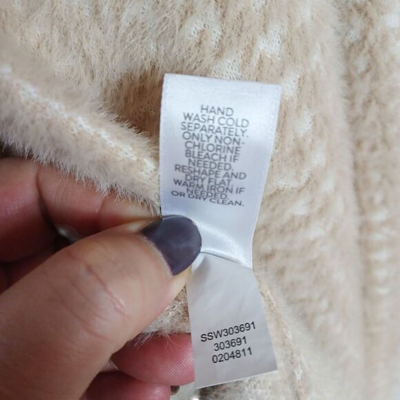 J.Jill Wearever Tan White Fuzzy Plaid Open Cardigan Sweater Jacket M Soft Wrap - Picture 7 of 8